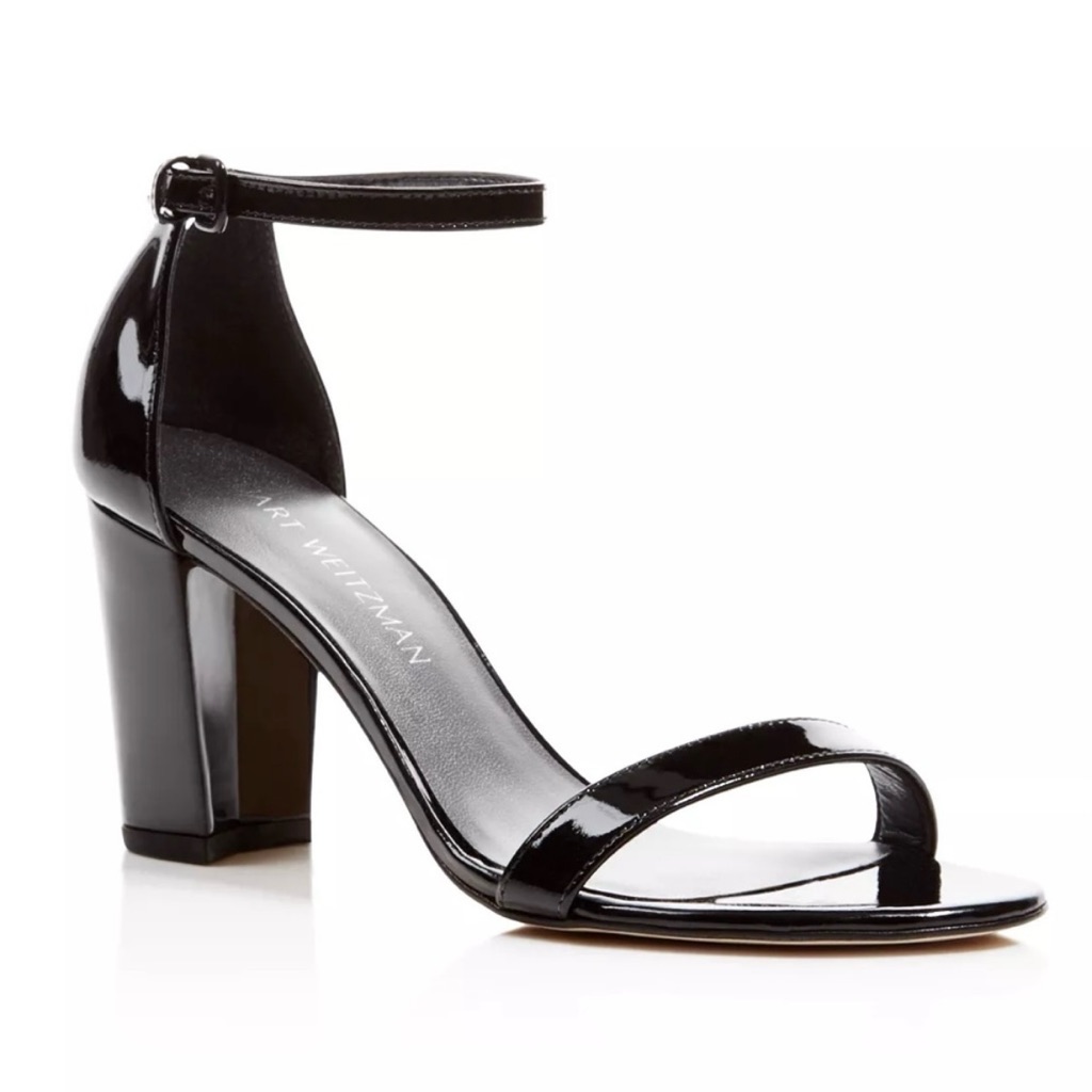 Stuart Weitzman Nearlynude Black Patent Block Heel Sandals W/Ankle Strap, Sz 8.5